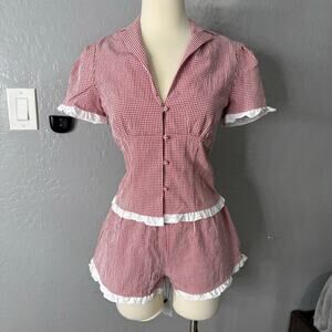 Worn once , without tags, Red Gingham Ruffle-Trim Short Set - Feminine Two-Piece